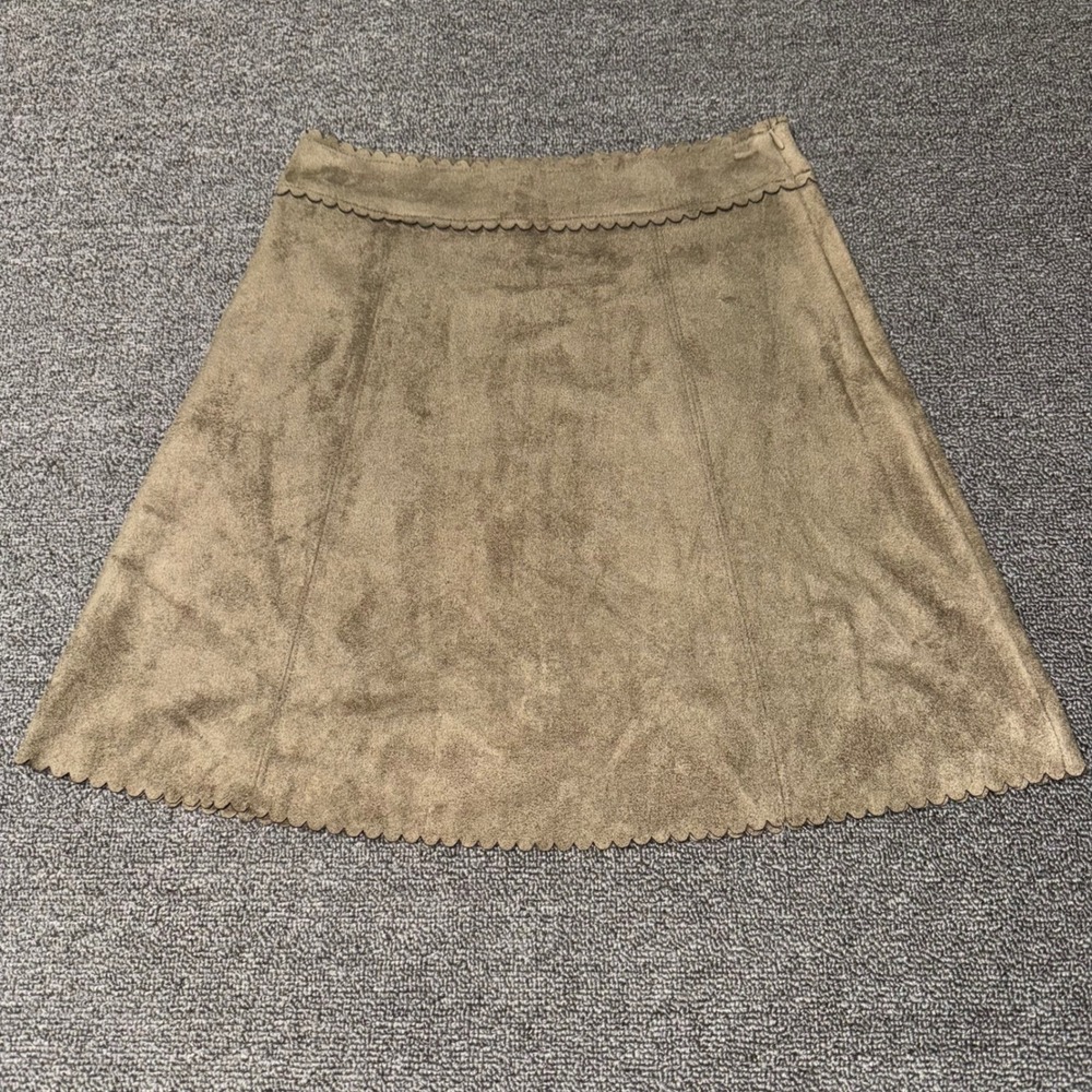 Soprano Faux Suede Scalloped Mini Skirt Olive Green Taupe A-Line Size Small